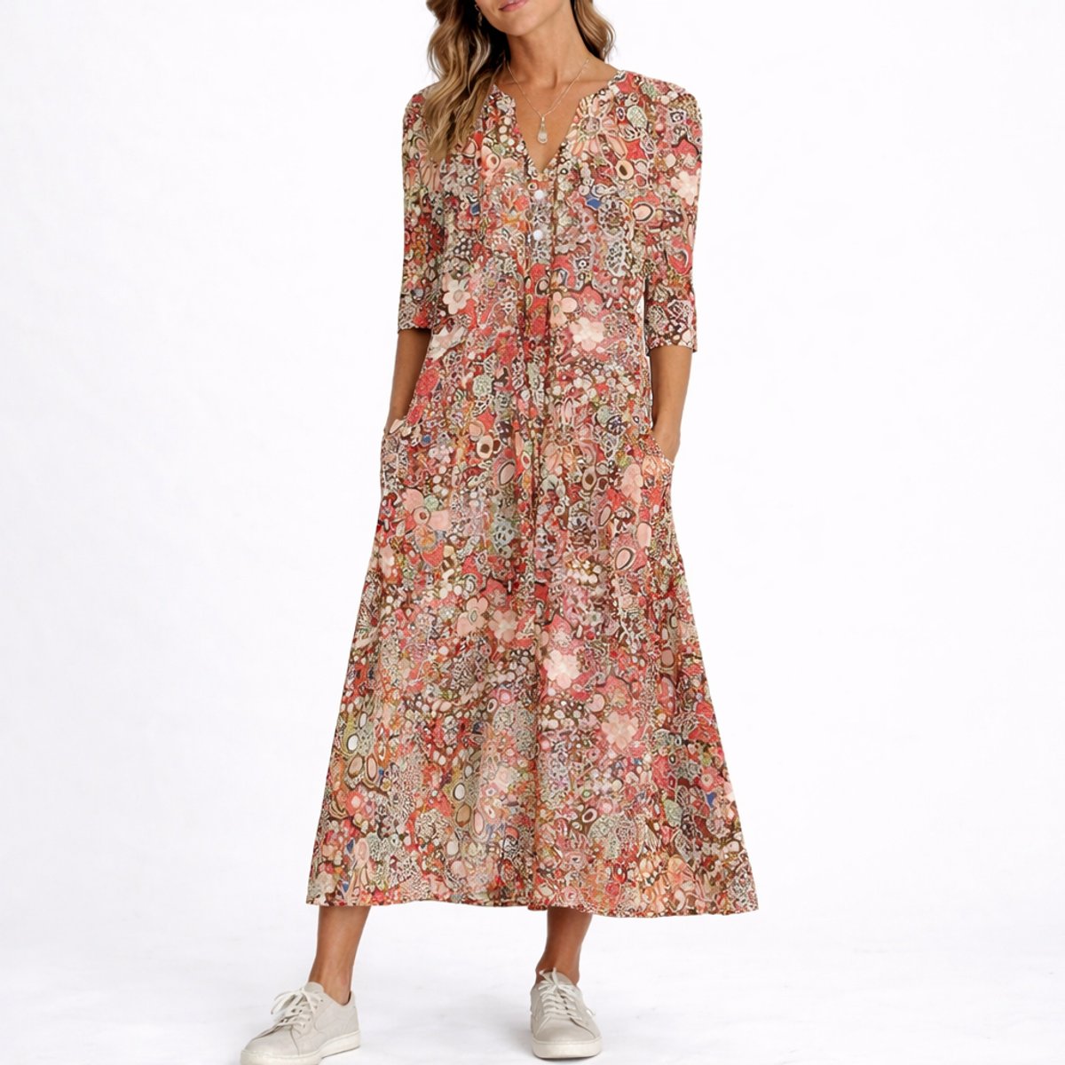 Women's Relaxed-Fit Floral Print V-Neck Midi Dress - Red