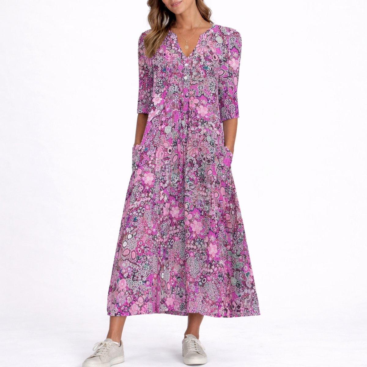 Women's Relaxed-Fit Floral Print V-Neck Midi Dress - Purple