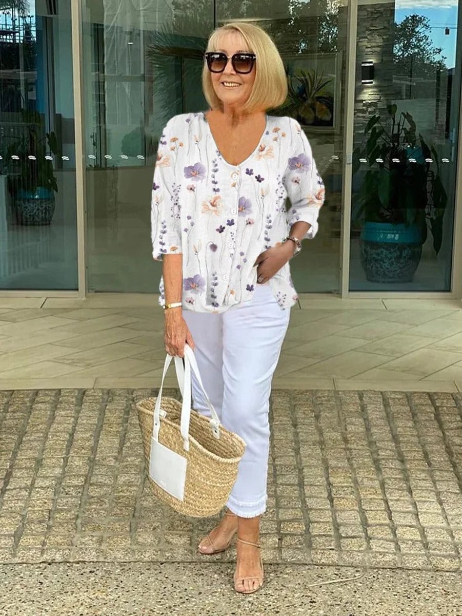 Women's Relaxed-Fit Floral V-Neck Button-Through Blouse - White