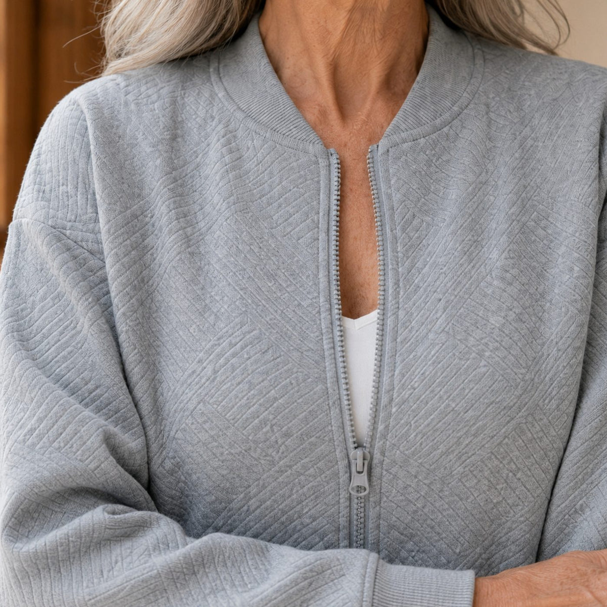 Women's Relaxed-Fit Geometric Textured Full-Zip Bomber Jacket