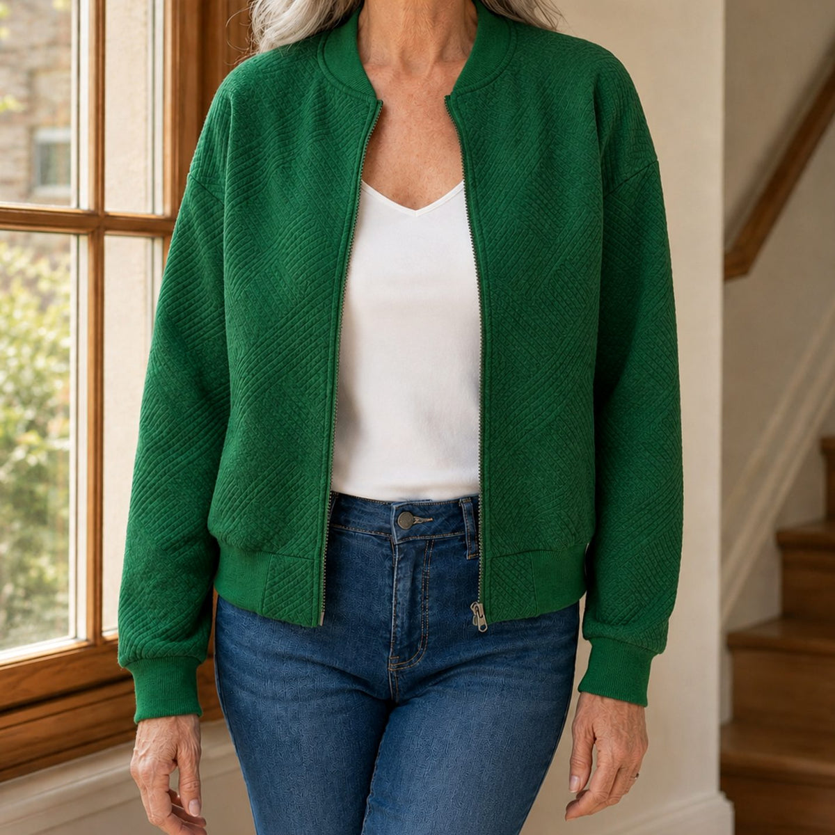 Women's Relaxed-Fit Geometric Textured Full-Zip Bomber Jacket - Green