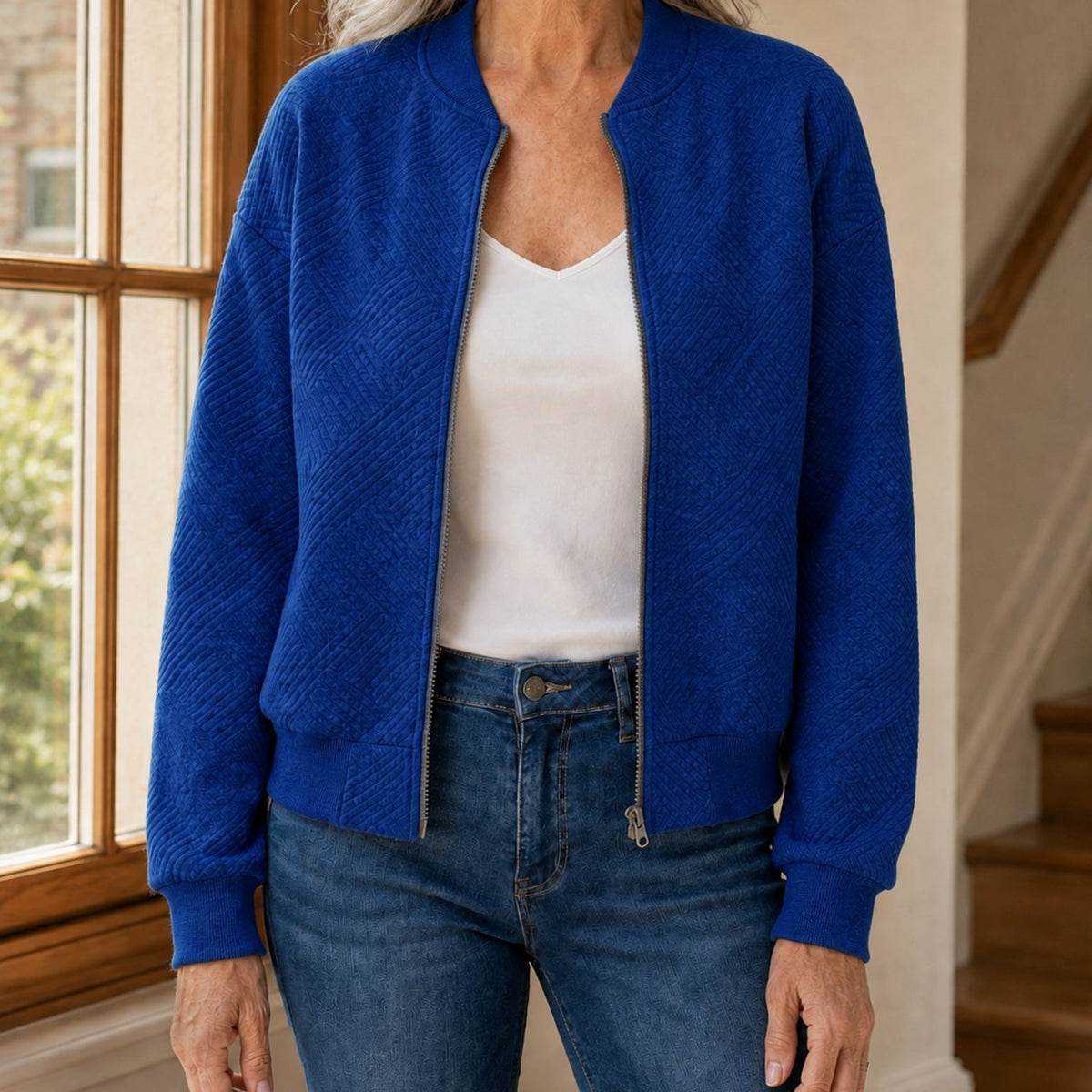 Women's Relaxed-Fit Geometric Textured Full-Zip Bomber Jacket - Blue