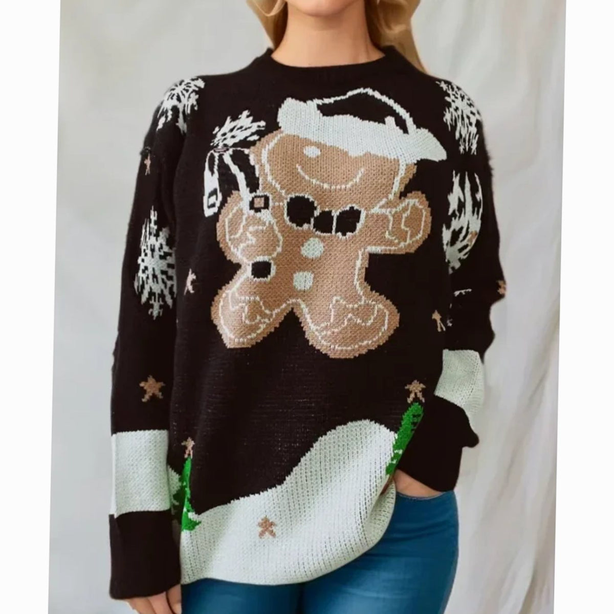 Women's Relaxed-Fit Gingerbread Long Sleeve Christmas Knit Jumper