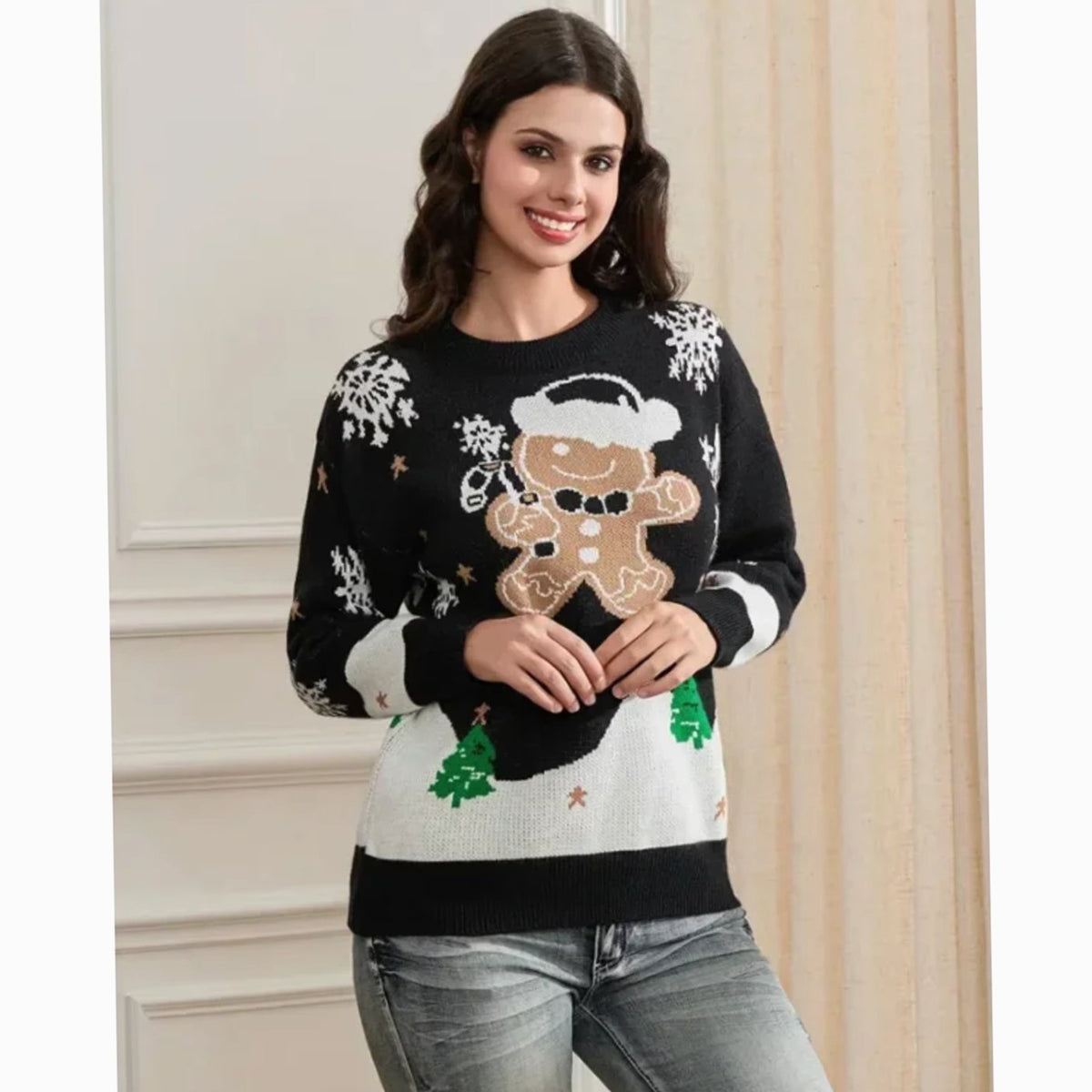 Women's Relaxed-Fit Gingerbread Long Sleeve Christmas Knit Jumper