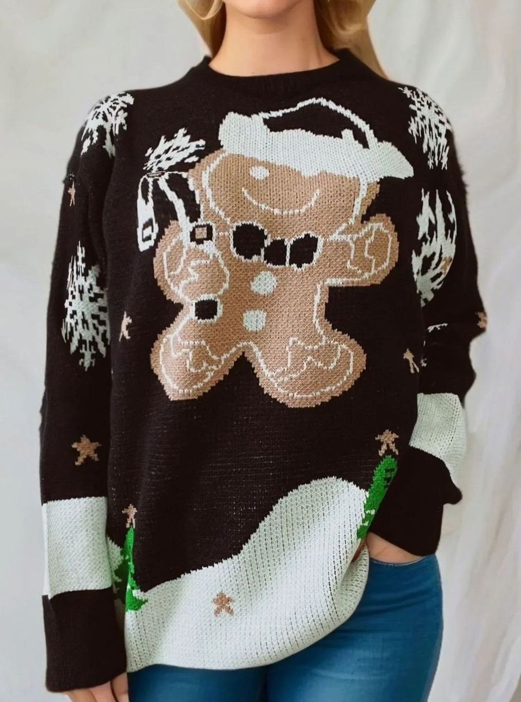 Women's Relaxed-Fit Gingerbread Long Sleeve Christmas Knit Jumper - Black