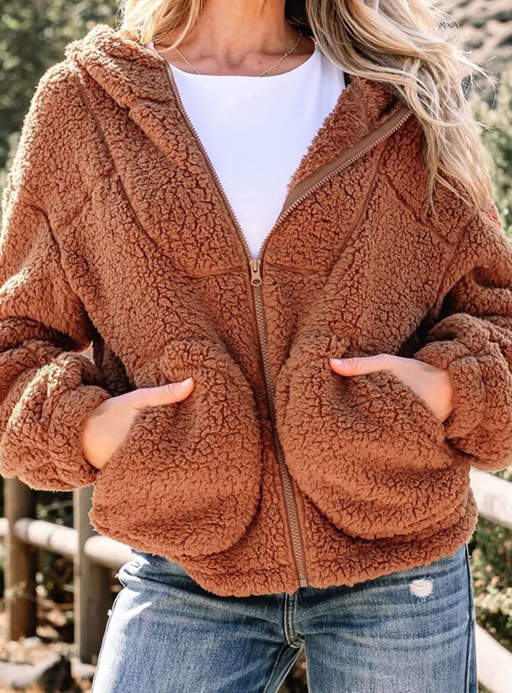 Women's Relaxed-Fit Hooded Teddy Zip Up Fleece Jacket - Caramel