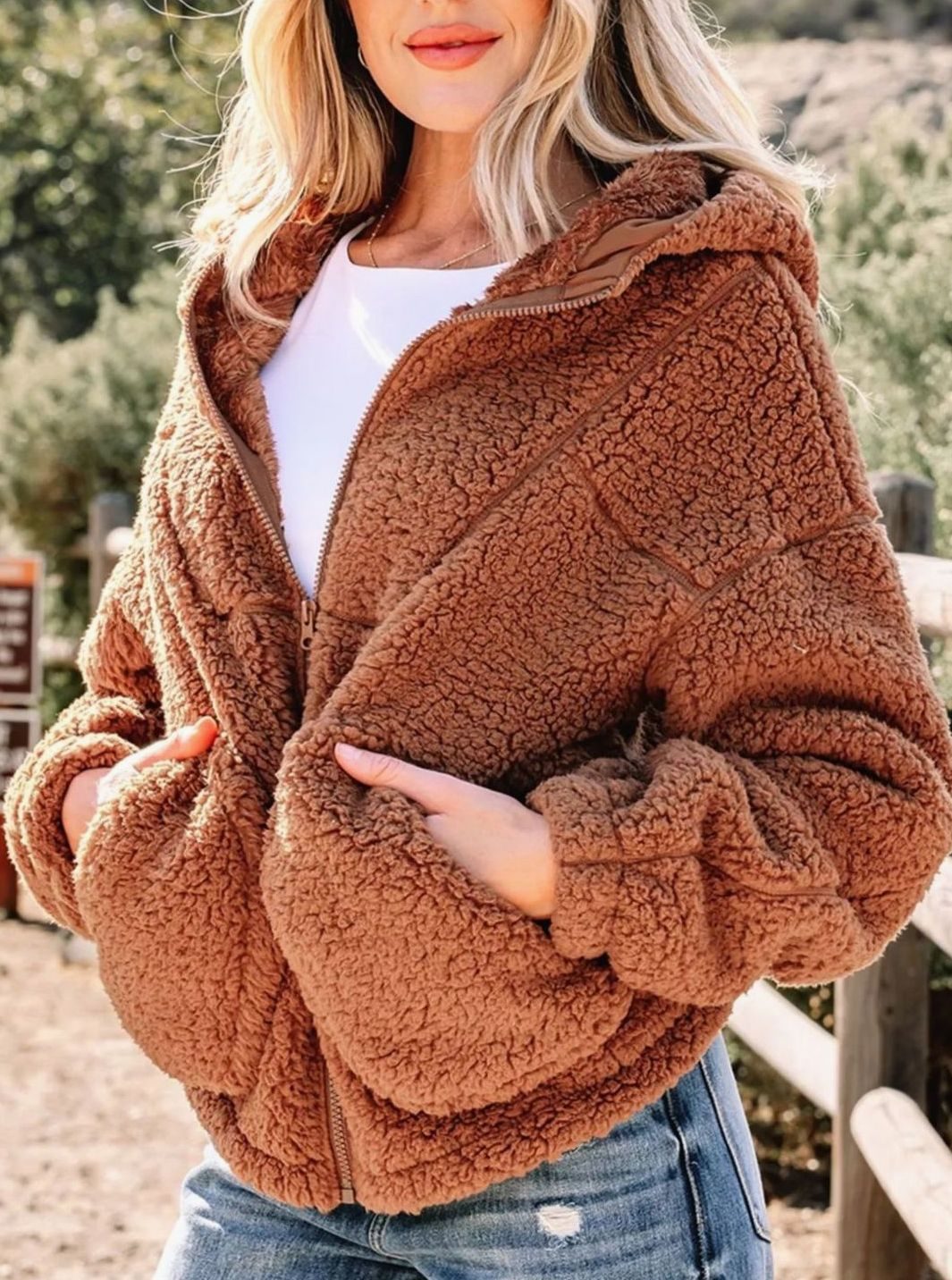 Women's Relaxed-Fit Hooded Teddy Zip Up Fleece Jacket