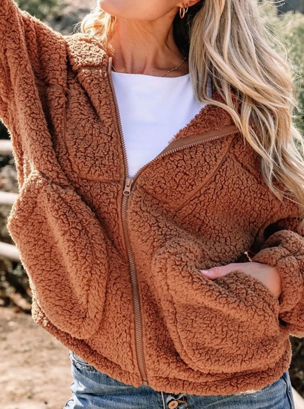 Women's Relaxed-Fit Hooded Teddy Zip Up Fleece Jacket