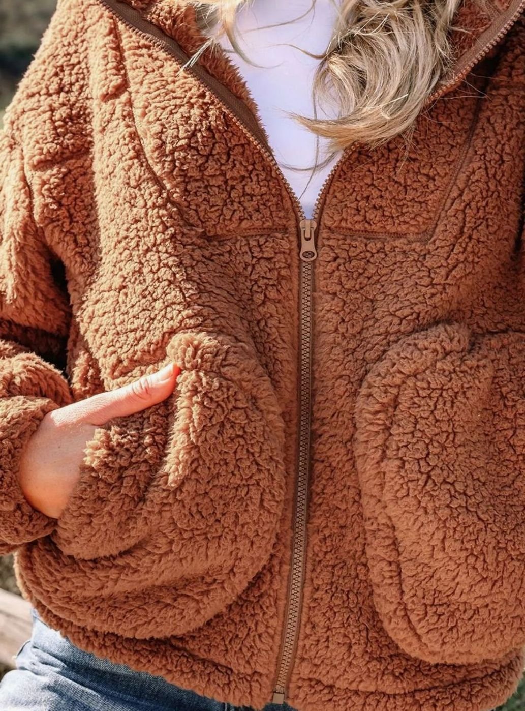 Women's Relaxed-Fit Hooded Teddy Zip Up Fleece Jacket