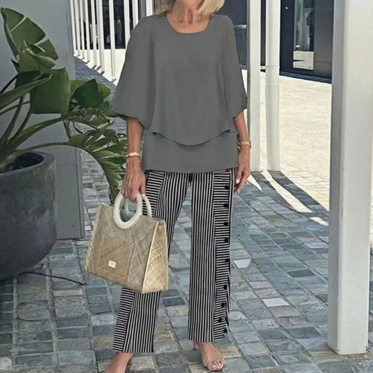 Women's Relaxed-Fit Layered Top Wide-Leg Trousers Two Piece Set - Grey