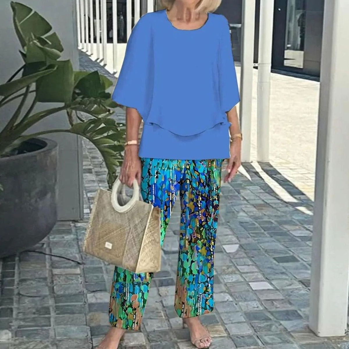 Women's Relaxed-Fit Layered Top Wide-Leg Trousers Two Piece Set - Blue
