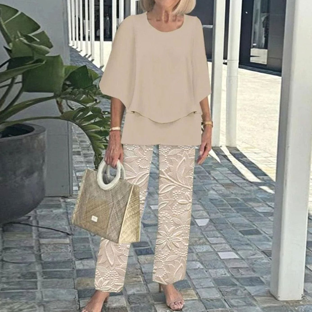 Women's Relaxed-Fit Layered Top Wide-Leg Trousers Two Piece Set - Khaki