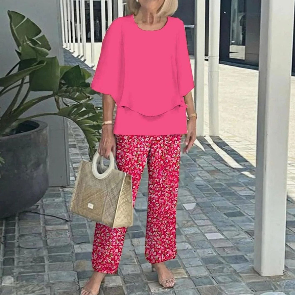 Women's Relaxed-Fit Layered Top Wide-Leg Trousers Two Piece Set - Pink