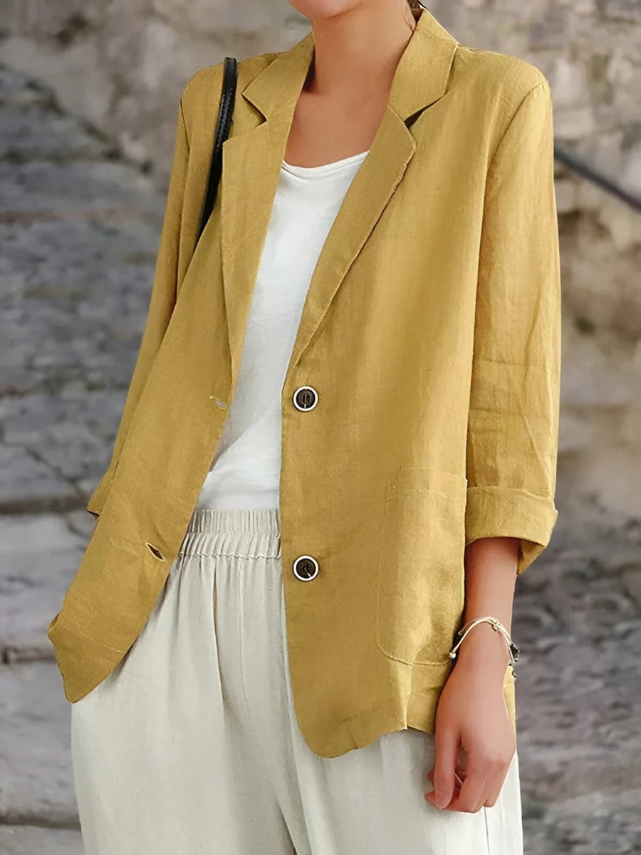 Women's Relaxed-Fit Linen Blazer Classic Lapel Patch Pockets - Yellow