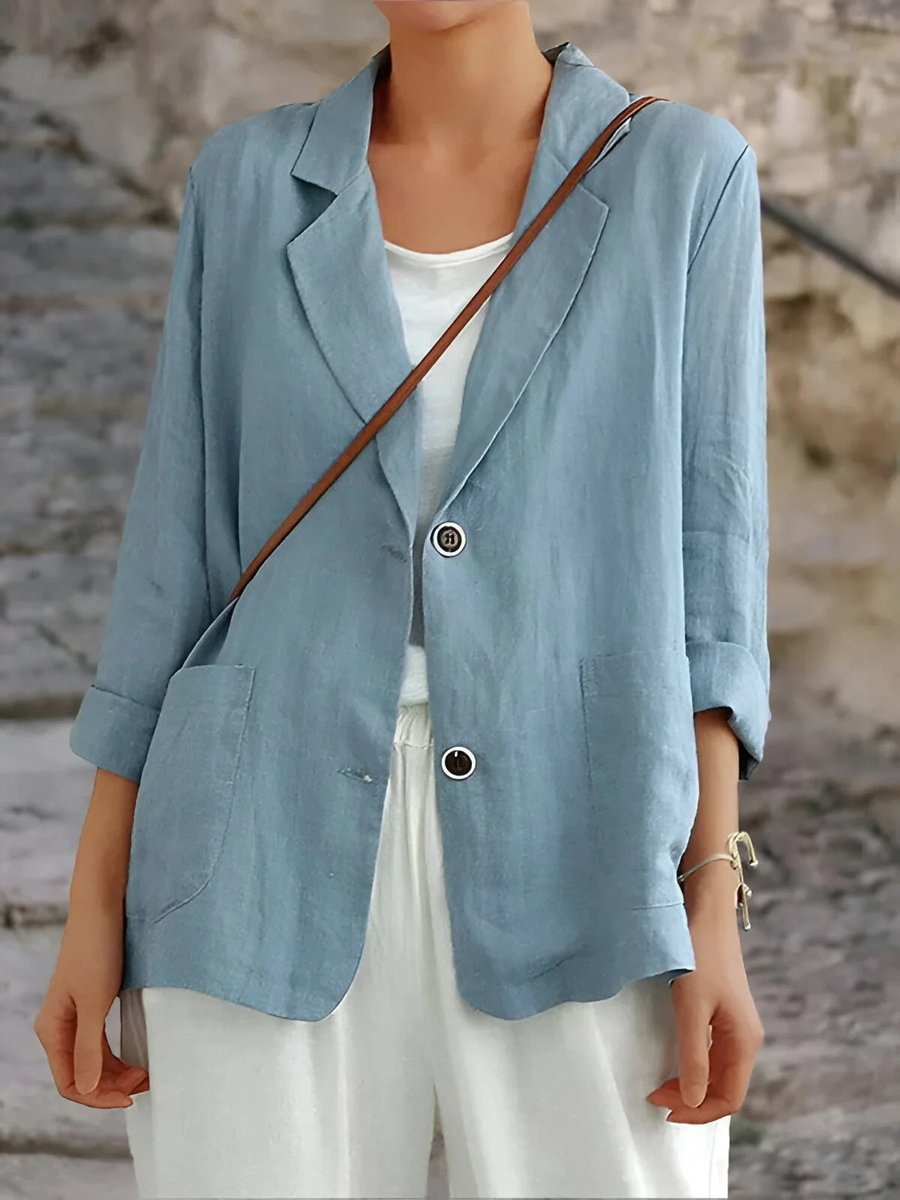 Women's Relaxed-Fit Linen Blazer Classic Lapel Patch Pockets - Blue