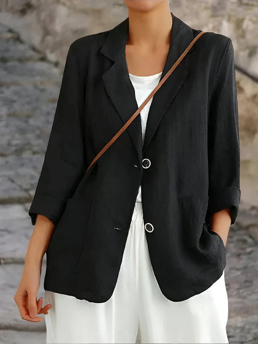 Women's Relaxed-Fit Linen Blazer Classic Lapel Patch Pockets - Black