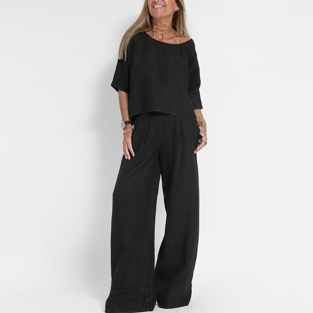 Women's Relaxed-Fit Linen Blouse Wide-Leg Trouser Two-Piece Set - Black