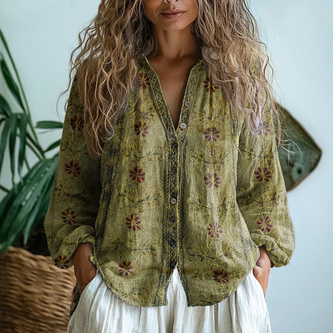 Women's Relaxed-Fit Linen Long-Sleeve V-Neck Button-Down Blouse - Light Olive Green