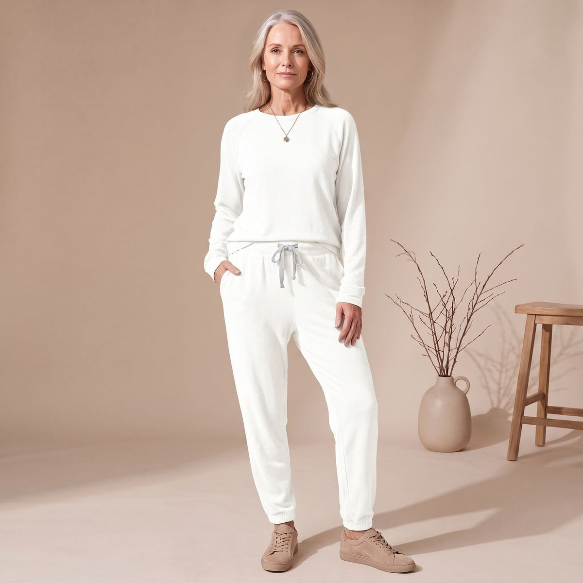 Women's Relaxed-Fit Long Sleeve Jogger Coord Set - White