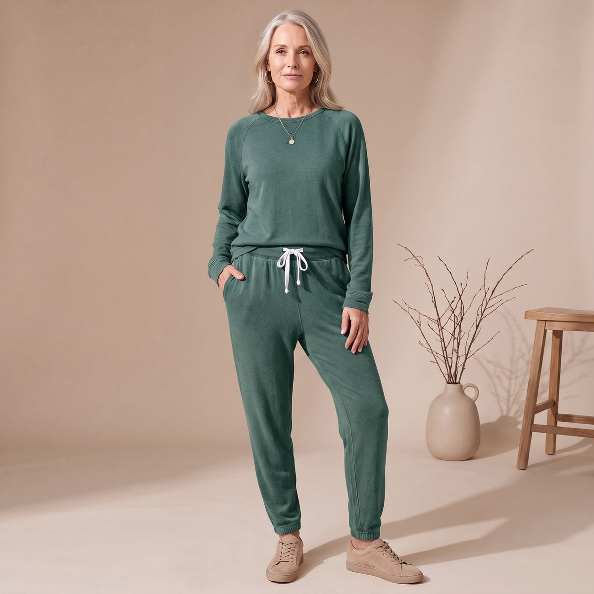 Women's Relaxed-Fit Long Sleeve Jogger Coord Set - Dark Green