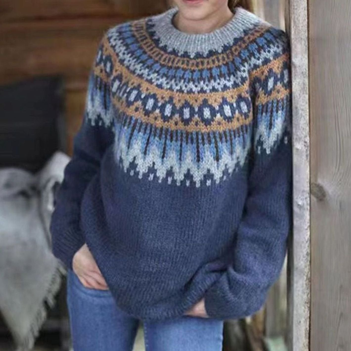 Women's Relaxed-Fit Nordic Fair Isle Pattern Sweater Jumper - Grey
