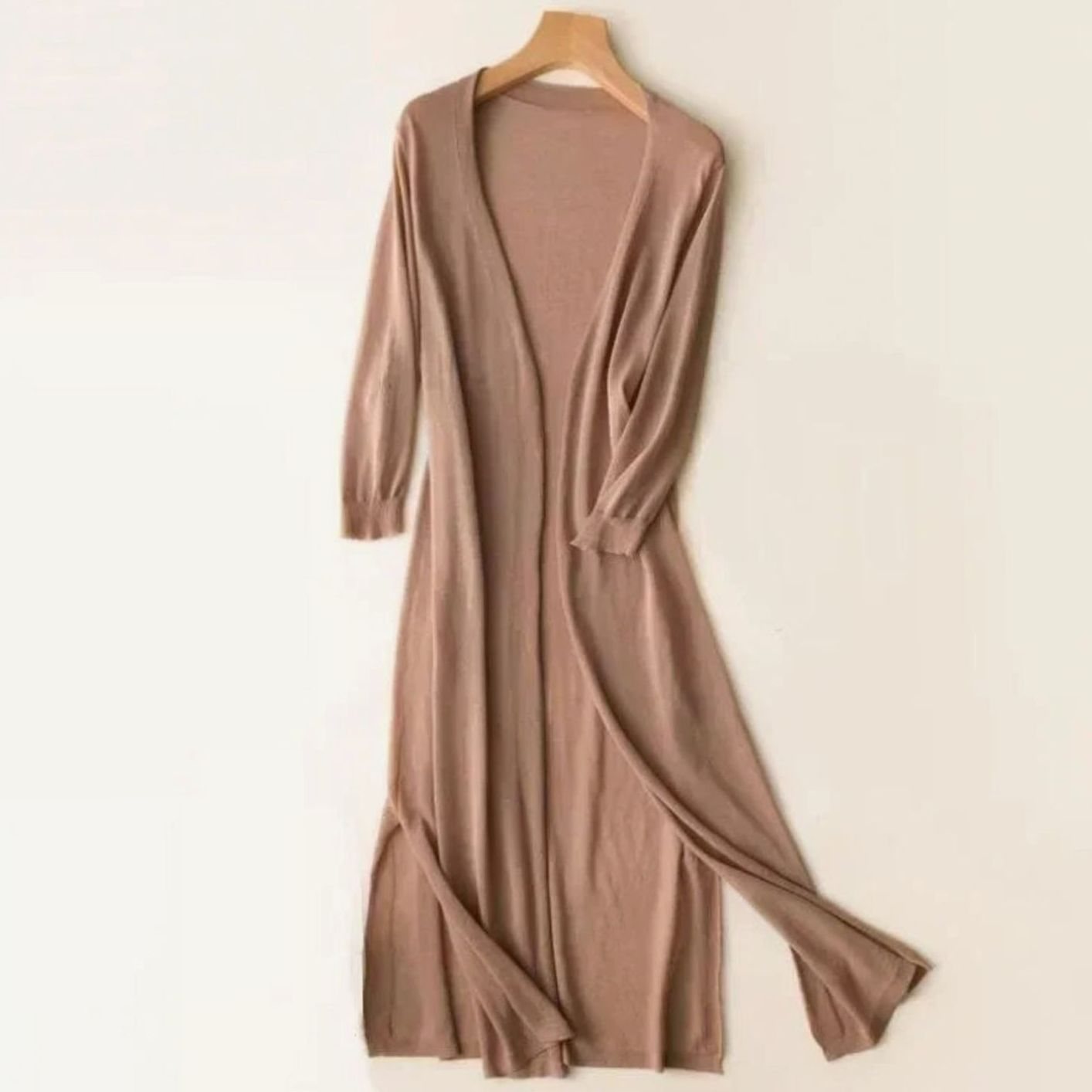 Women's Relaxed Fit Open Front Lightweight Longline Long Cardigan - Khaki