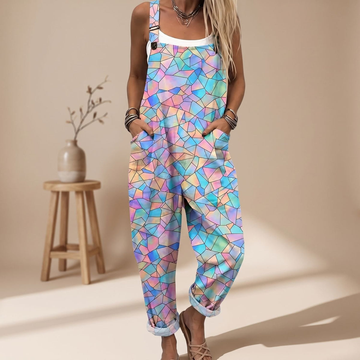 Women's Relaxed-Fit Pastel Mosaic Print Dungaree Jumpsuit