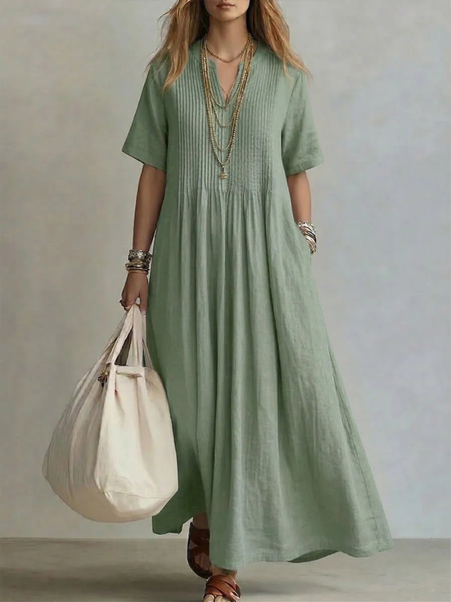 Women's Relaxed-Fit Pleated V-Neck Linen Maxi Dress - Green