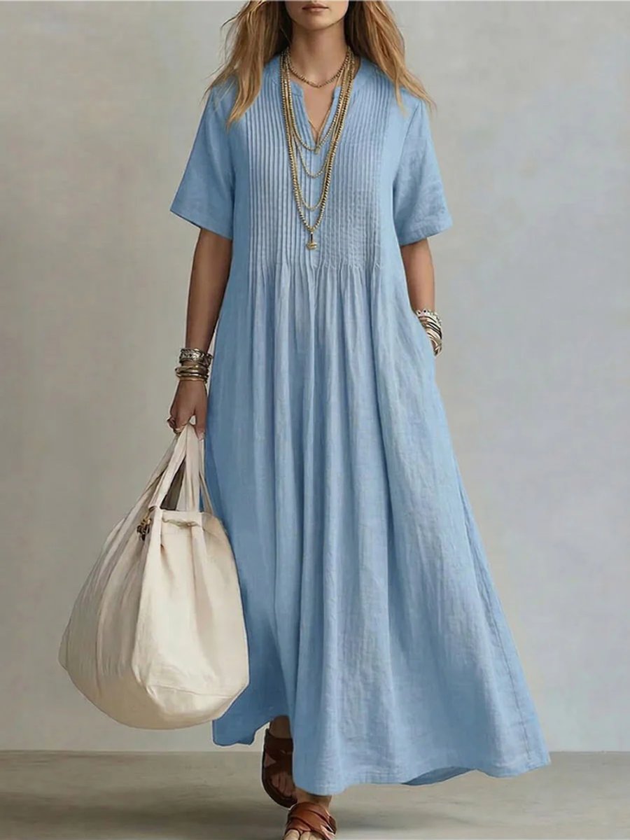 Women's Relaxed-Fit Pleated V-Neck Linen Maxi Dress - Blue