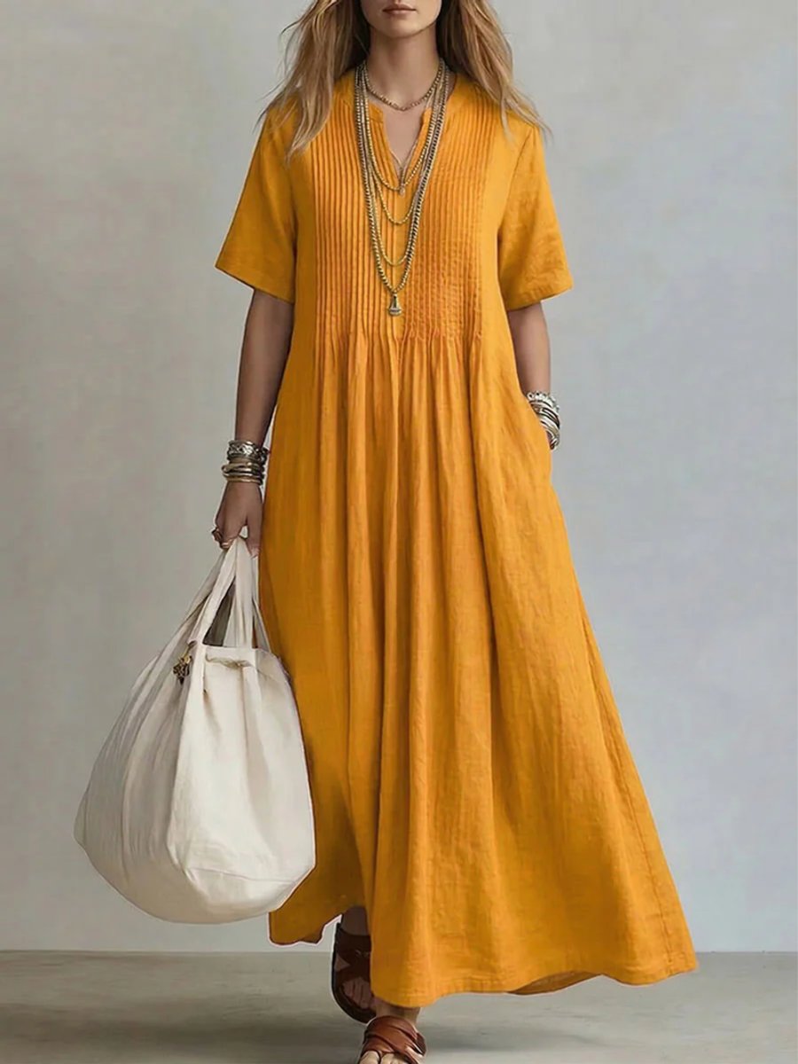 Women's Relaxed-Fit Pleated V-Neck Linen Maxi Dress - Yellow