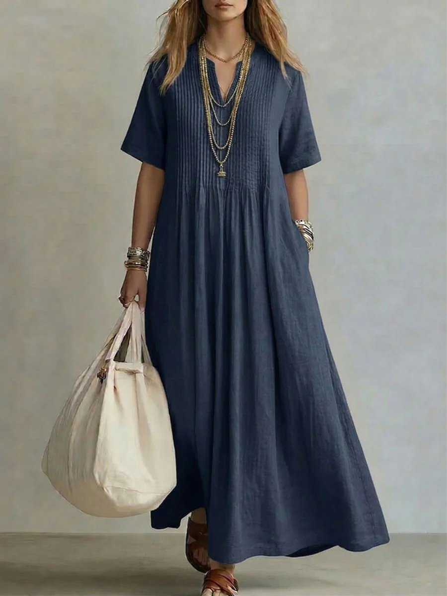 Women's Relaxed-Fit Pleated V-Neck Linen Maxi Dress - Navy Blue