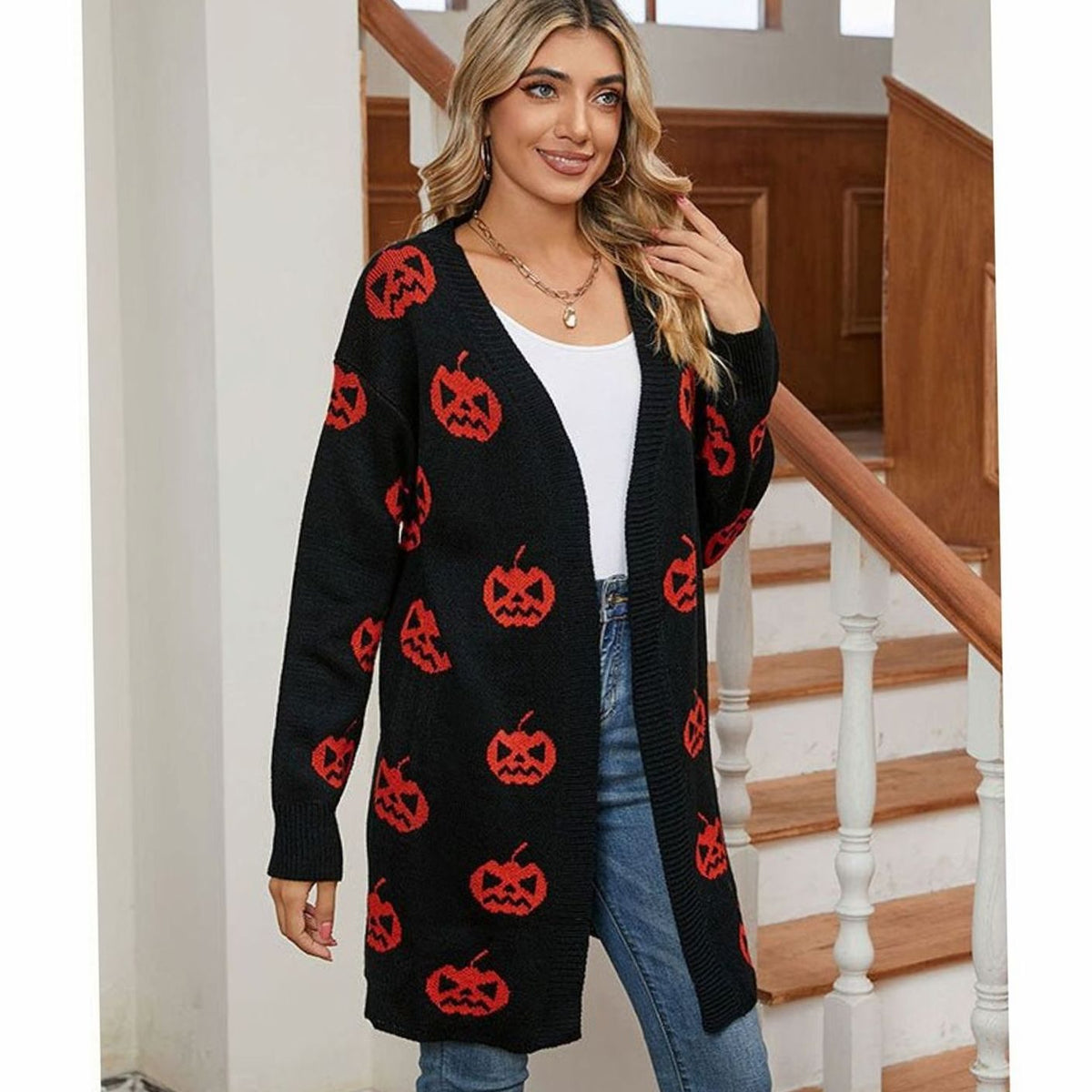 Women's Relaxed-Fit Pumpkin-Motif Halloween Knit Cardigan