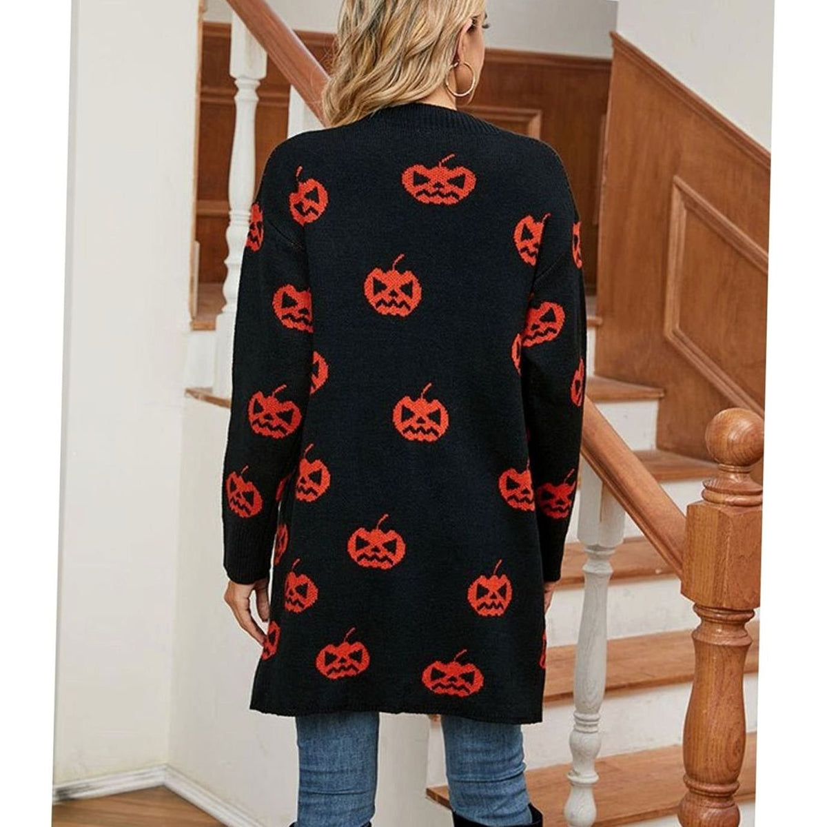 Women's Relaxed-Fit Pumpkin-Motif Halloween Knit Cardigan