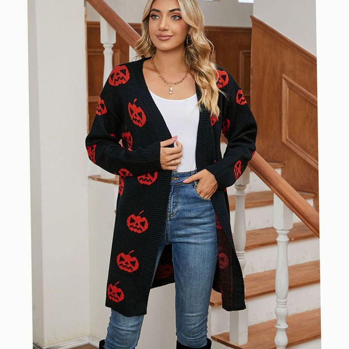 Women's Relaxed-Fit Pumpkin-Motif Halloween Knit Cardigan