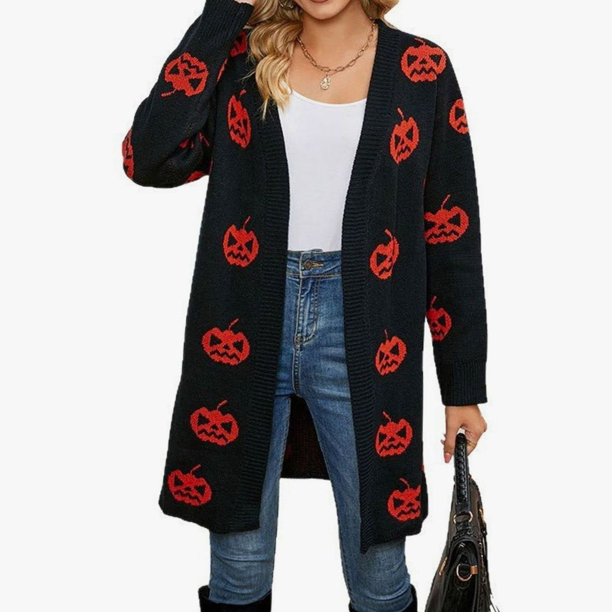 Women's Relaxed-Fit Pumpkin-Motif Halloween Knit Cardigan