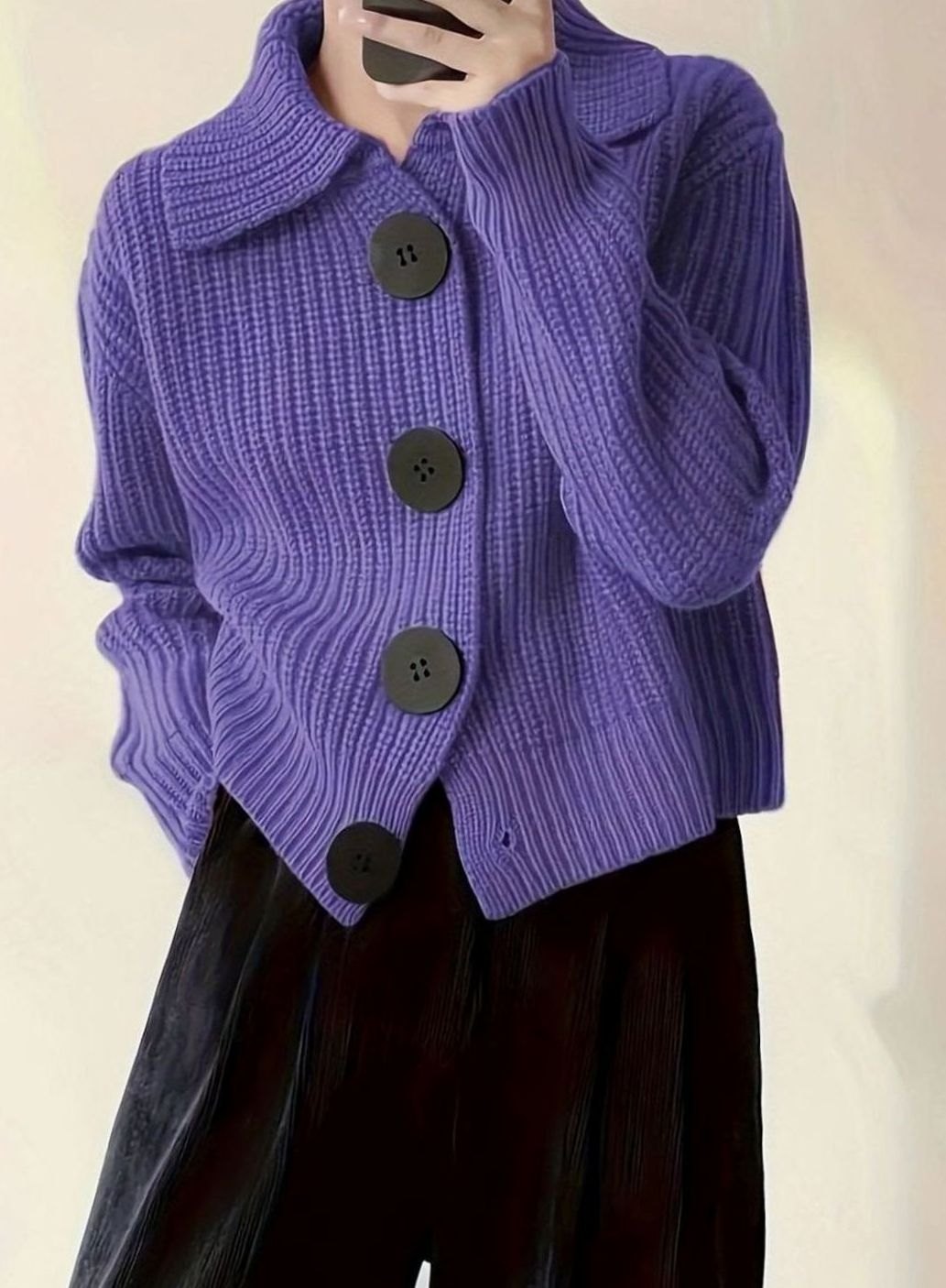 Women's Relaxed-Fit Ribbed Knit Folded-Collar Pullover Jumper - Purple