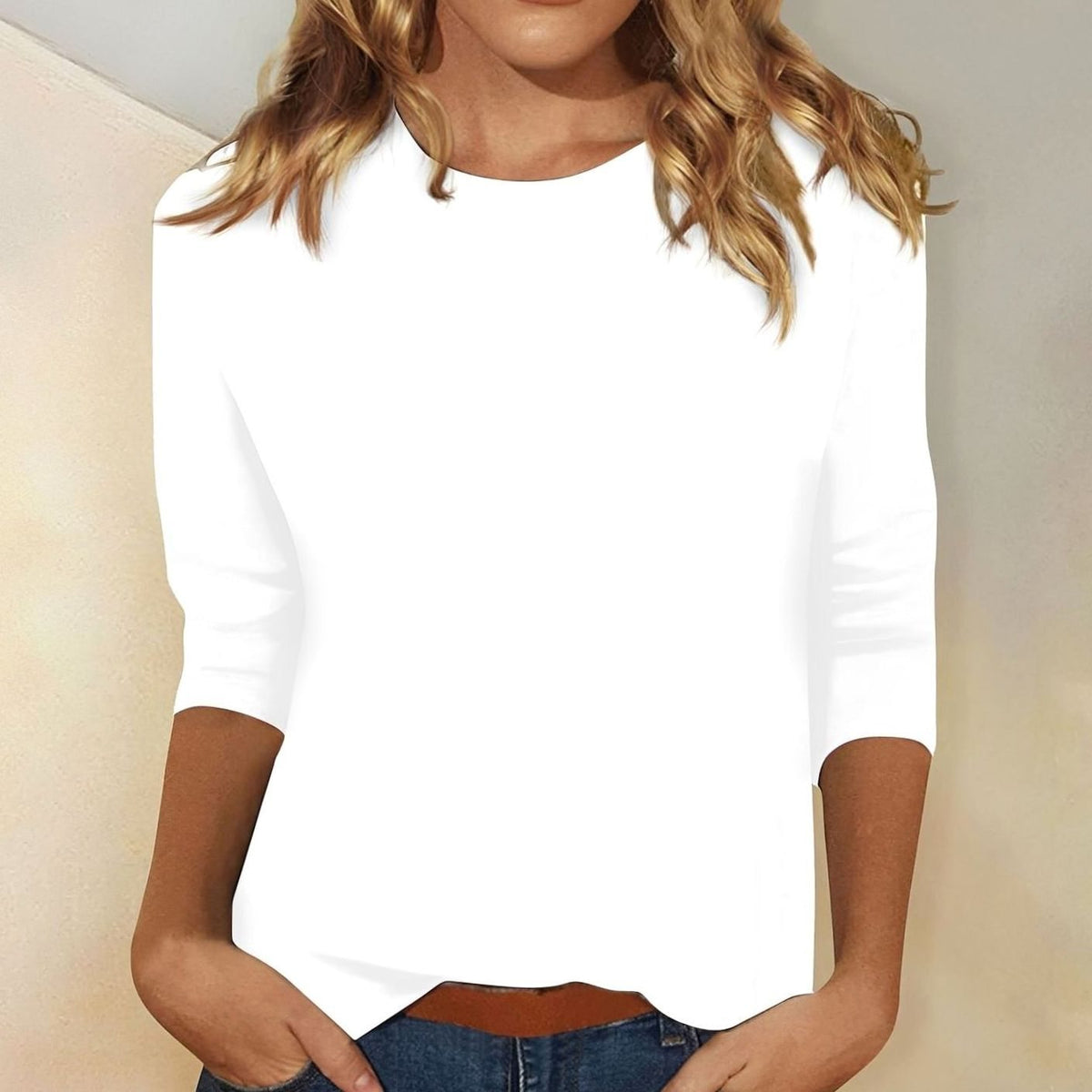 Women's Relaxed-Fit Round-Neck 3/4 Sleeve Casual Top - White