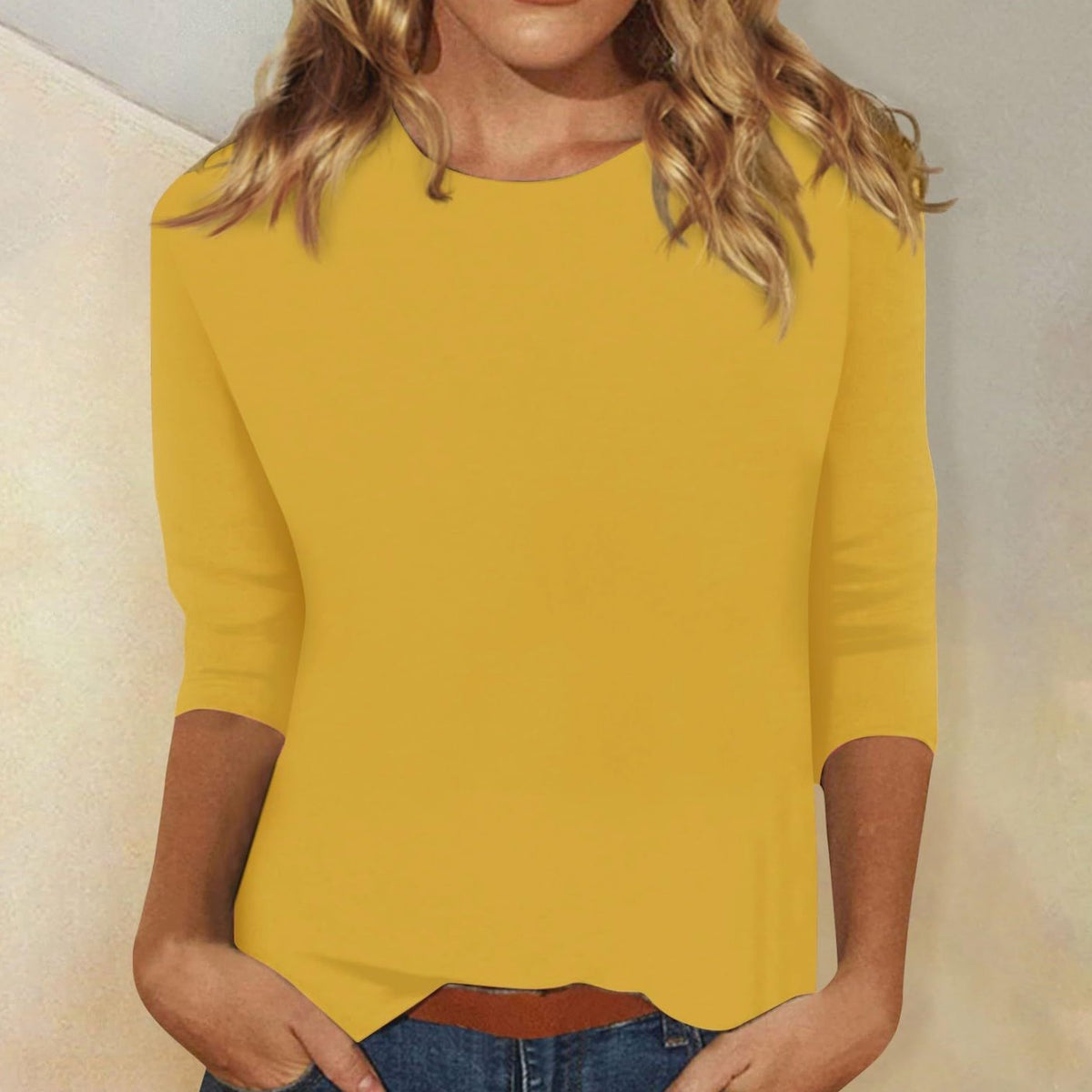 Women's Relaxed-Fit Round-Neck 3/4 Sleeve Casual Top - Yellow