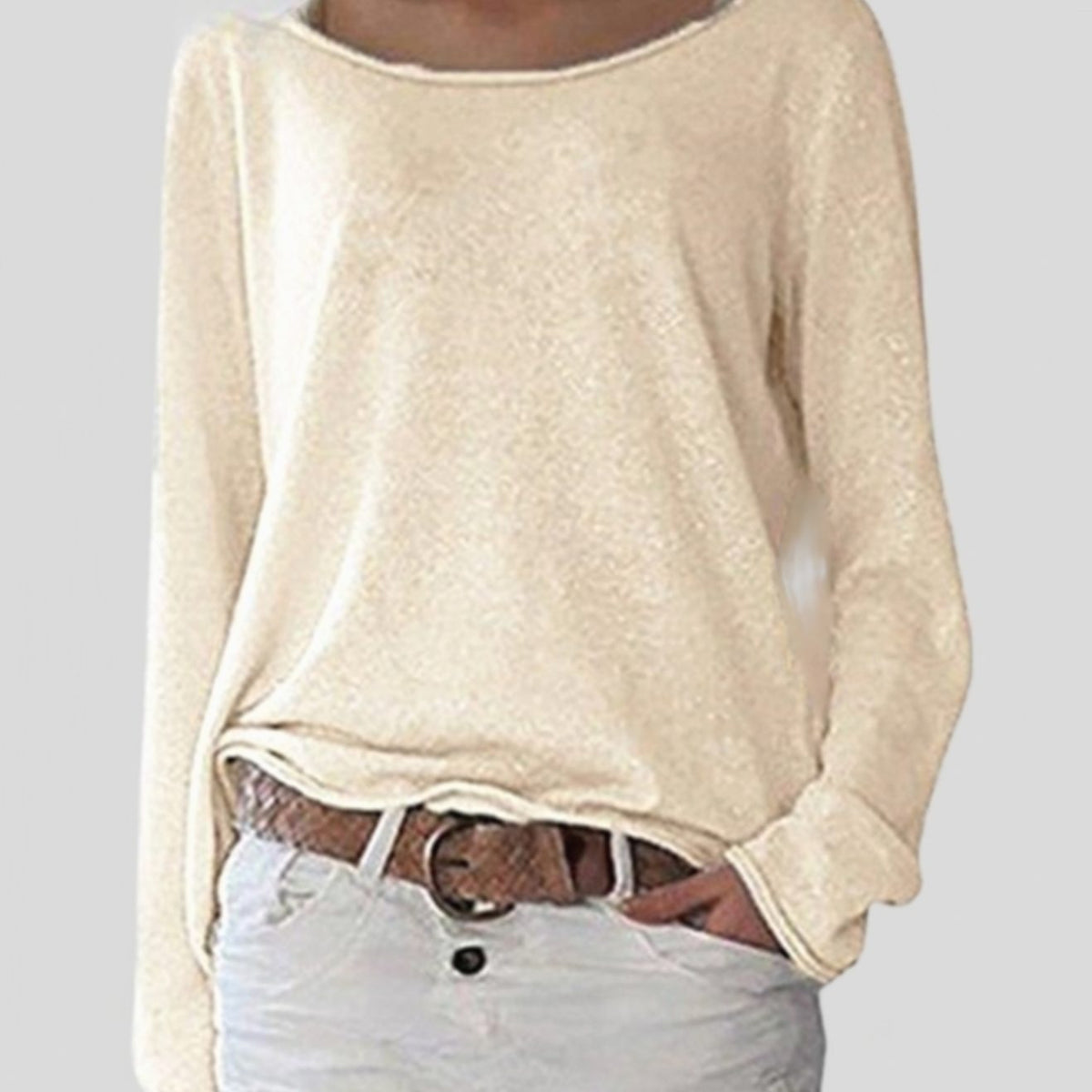 Women's Relaxed-Fit Round-Neck Long-Sleeve Pullover Sweater - Beige