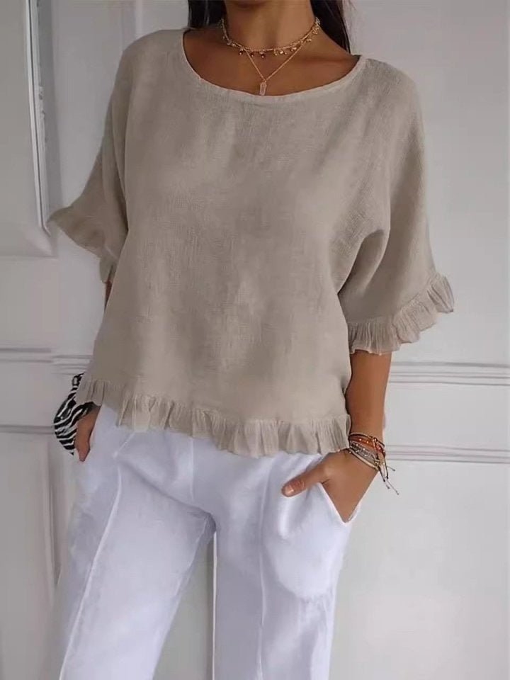 Women's Relaxed-Fit Ruffle-Hem Lightweight Linen Blouse - Beige