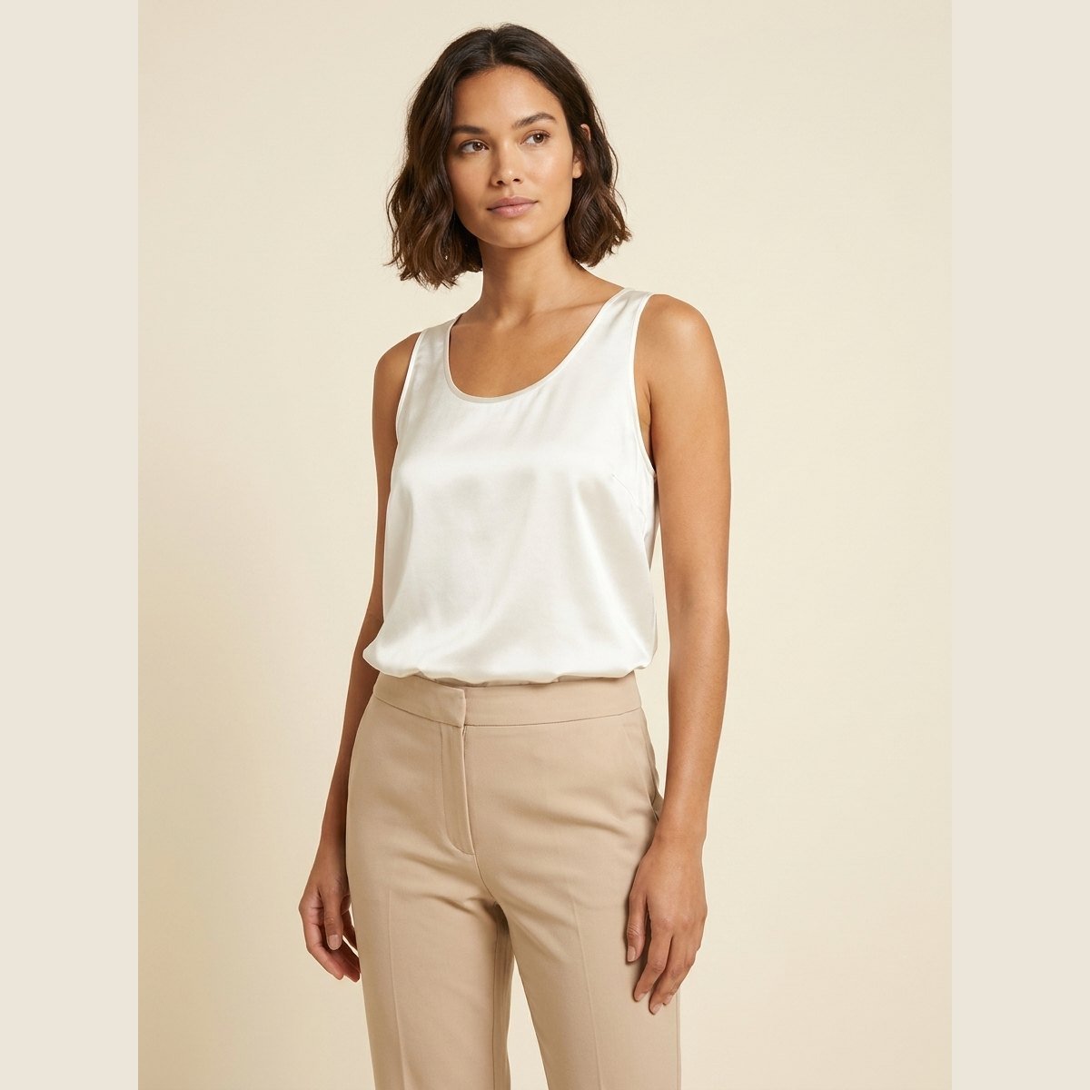 Women's Relaxed-Fit Satin Tank Top Plunging U-Neck - White