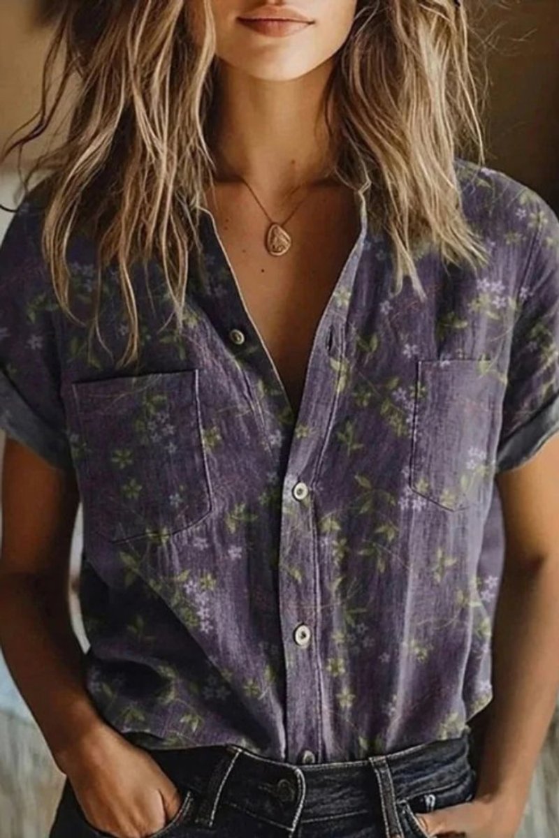 Women's Relaxed-Fit Short-Sleeve Floral Cotton Button-Down Blouse