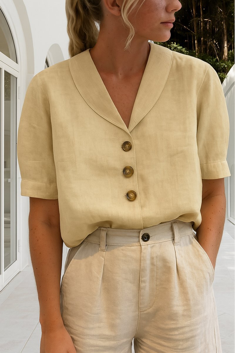 Women's Relaxed-Fit Short-Sleeve Shawl Collar Button-Front Blouse - Beige