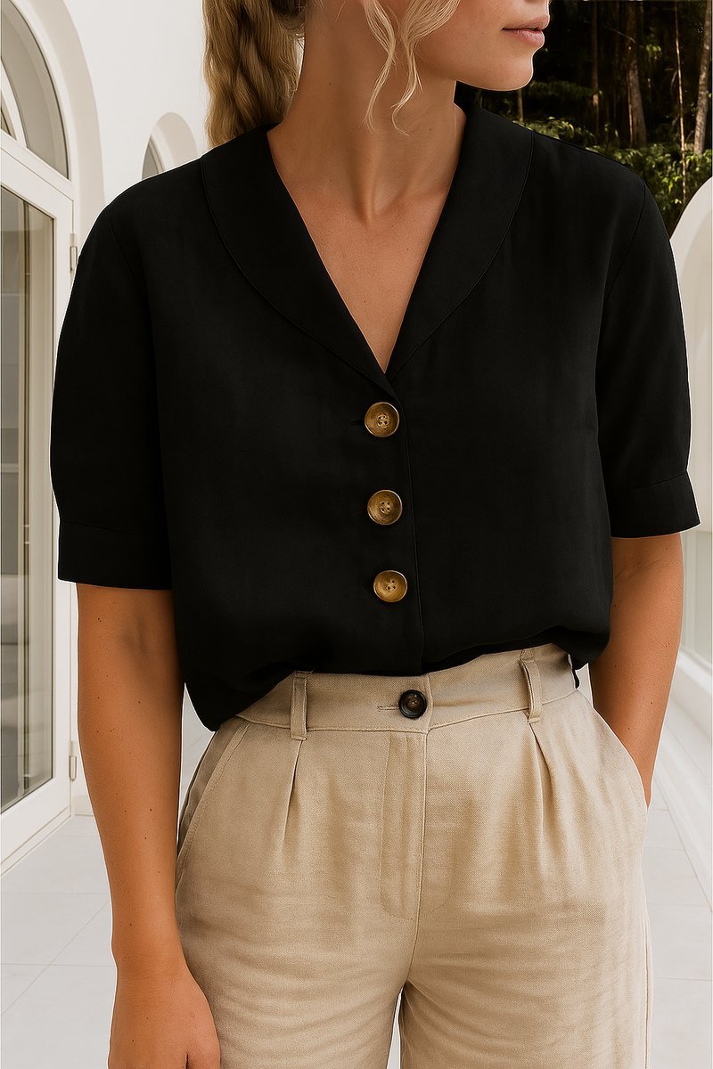 Women's Relaxed-Fit Short-Sleeve Shawl Collar Button-Front Blouse - Black