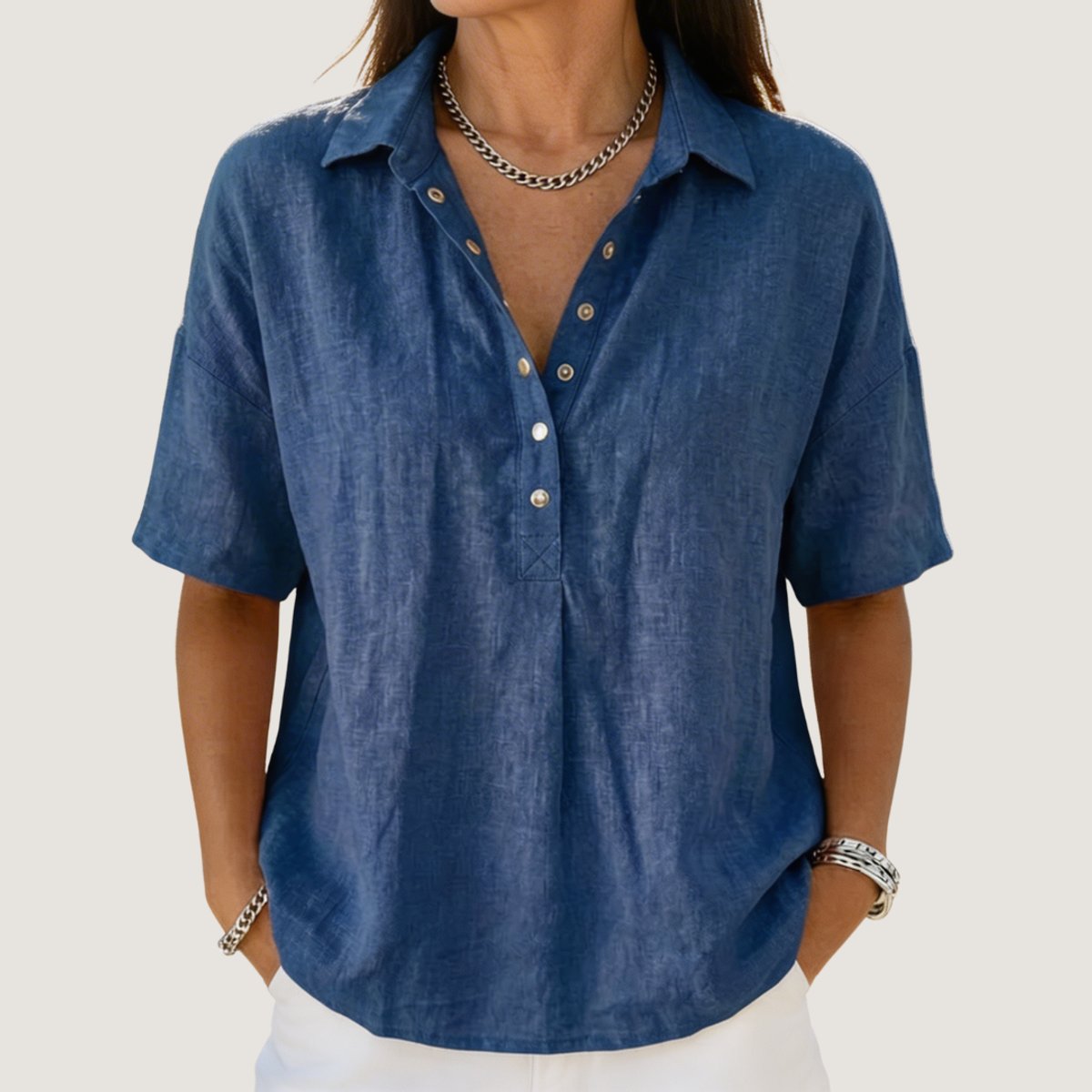 Women's Relaxed-Fit Short-Sleeve Snap-Button Collared Linen Shirt