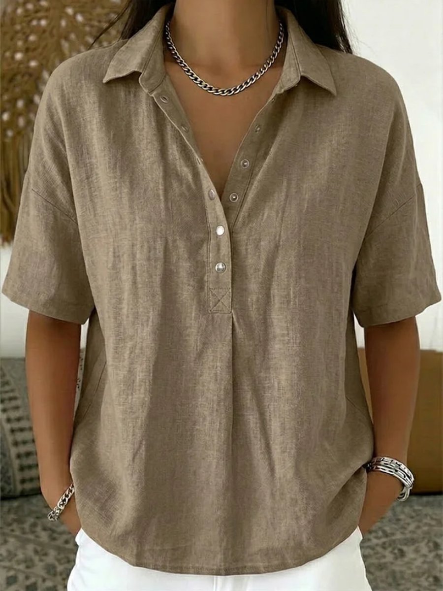 Women's Relaxed-Fit Short-Sleeve Snap-Button Collared Linen Shirt - Khaki