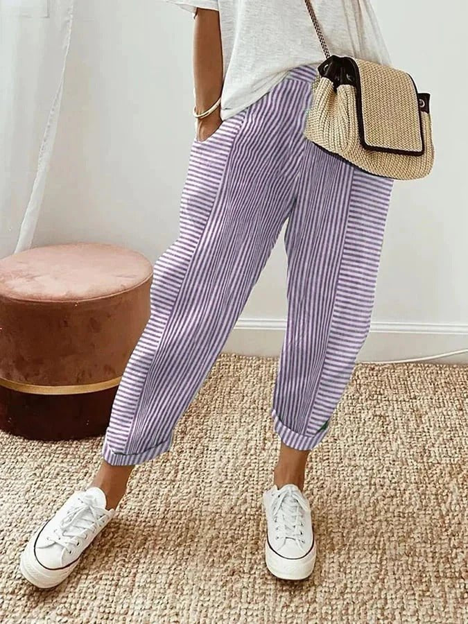 Women's Relaxed-Fit Striped Linen-Feel Elasticated-Waist Tapered Trousers - Purple