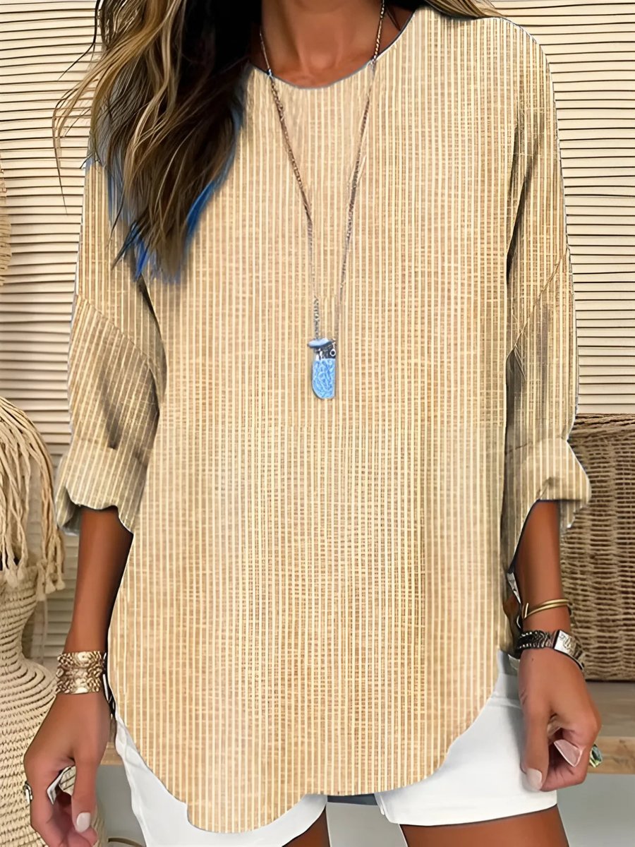 Women's Relaxed-Fit Striped Long-Sleeve Crew Neck Blouse - Khaki