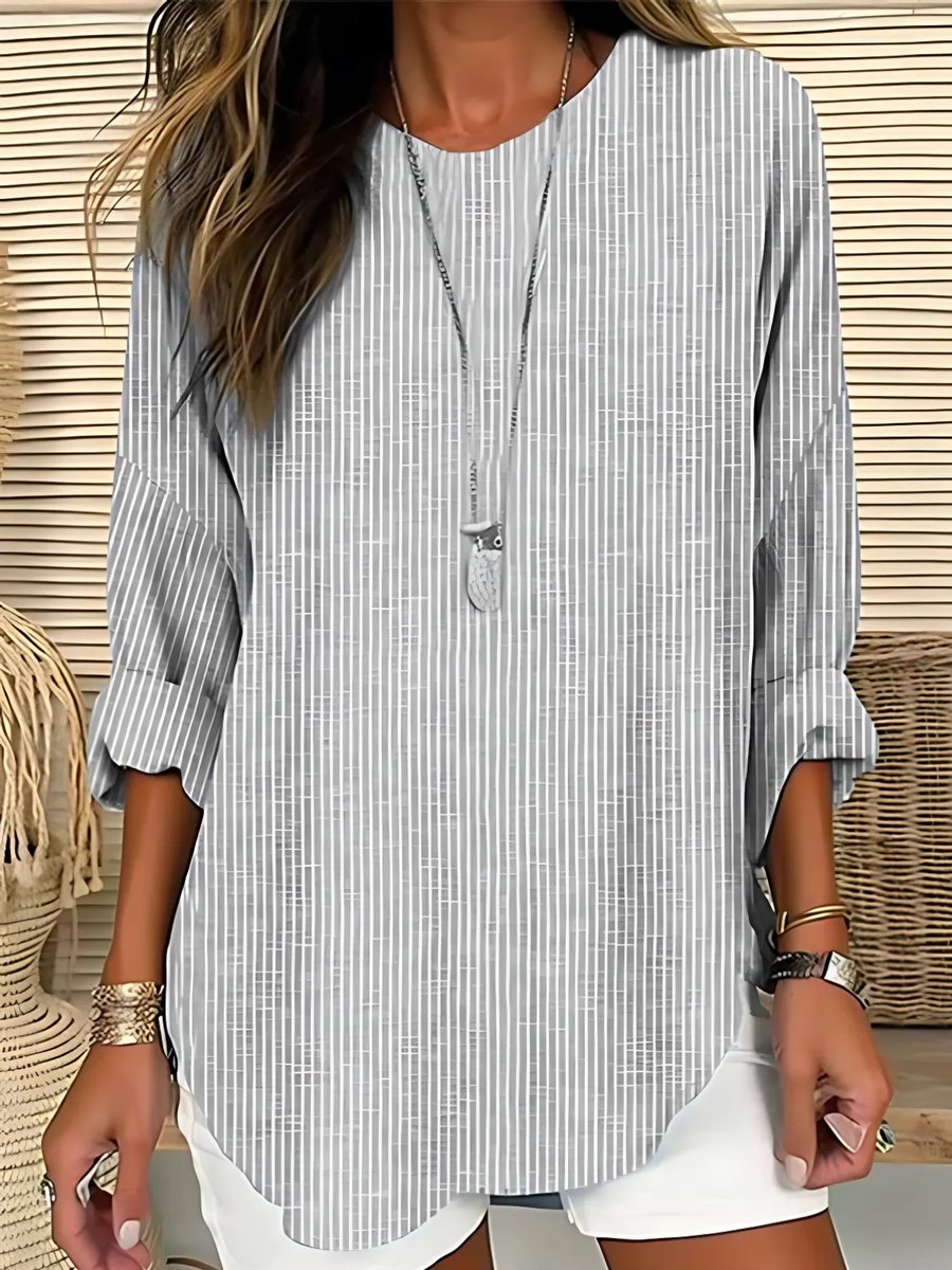 Women's Relaxed-Fit Striped Long-Sleeve Crew Neck Blouse - Grey