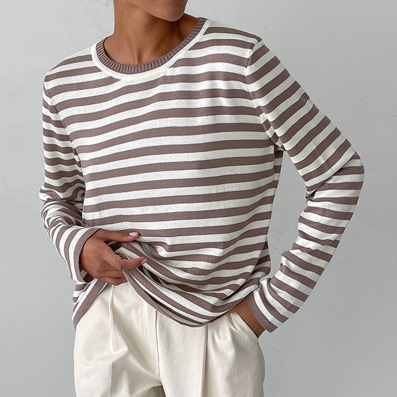 Women's Relaxed-Fit Striped Long-Sleeve Knit Jumper Top - Brown